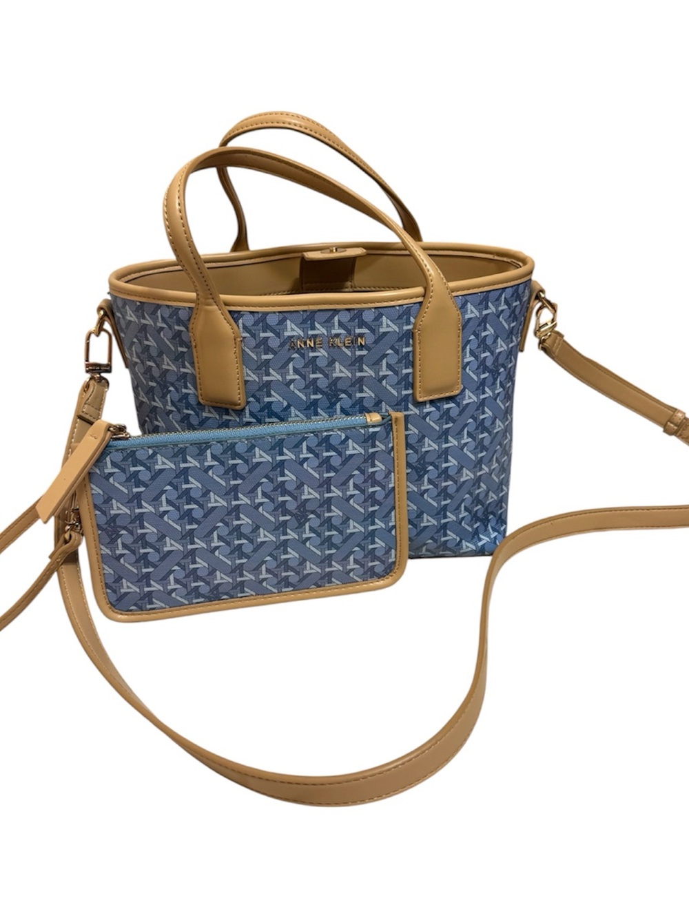 Anne Klein | Blue Patterned bucket bag  with Tan Trim and Wristlet
